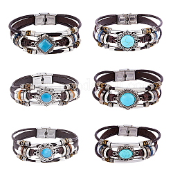 FIBLOOM 6Pcs 6 Style Cowhide Rope Triple Layer Multi-strand Bracelets Set, Synthetic Turquoise & Stainless Steel Beaded & Cat Eye Gothic Bracelets for Women, Mixed Shapes, 8-1/4~8-7/8 inch(21~22.4cm), 1Pc/style