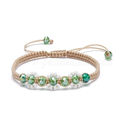 Bracelet de perles tressées en forme de fleur, Bracelet réglable en perles de verre bling pour femme, vert de mer moyen, diamètre intérieur: 2-3/8~3-3/4 pouce (6~9.4 cm)