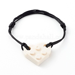 Blocs de construction en résine bracelets à maillons, avec cordon en nylon réglable, cœur, blanc, diamètre intérieur: 1-3/4~3-1/4 pouce (4.6~8.3 cm)