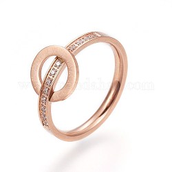 304 Stainless Steel Finger Rings, with Rhinestone, Roman Number, Rose Gold, Size 6~9, 16~19mm