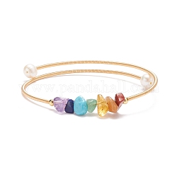 Pierres naturelles mélangées et bracelet jonc de perles, Bracelet torque 7 chakra en laiton pour femme, or, diamètre intérieur: 2-1/8 pouce (5.35 cm)
