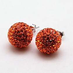 925 Sterling Silver Austrian Crystal Rhinestone Ear Studs, with Ear Nuts, Round, 542_Padparadscha, 12mm, Pin: 0.8mm