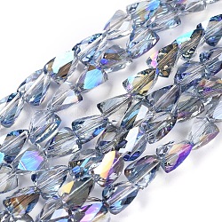 Abalorios de vidrio electroplate hebras, medio arco iris chapado, facetados, triángulo, púrpura, 8x6x6mm, agujero: 1.2 mm, aproximamente 76 pcs / cadena, 21.65 pulgada (55 cm)