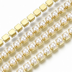 Cadenas de garra de latón, con cuentas de perlas de imitación de plástico abs, con carrete, dorado, ss16, 4mm, aproximamente 10yards / rodillo (9.14 m / rollo)