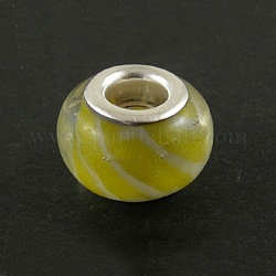 Rondelle Yellow Color Handmade Lampwork Large Hole European Beads, with Silver Plated Brass Core, about 13mm wide, 9mm long, hole: 5mm