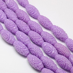 Synthetic Coral Beads Strands, Dyed, Oval Carved Flower Rose, Lilac, 29x16mm, Hole: 1mm, about 12pcs/strand, 15.74 inch