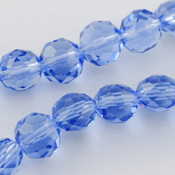 Hilos de abalorios de vidrio, facetados, plano y redondo, azul real, 8x6~7mm, agujero: 1 mm