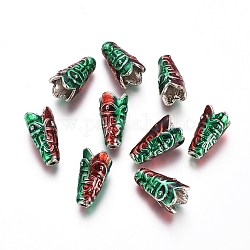 Cono in lega di perle, con smalto, verde & rosso, argento antico, 17x9mm, Foro: 1.8 mm