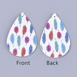 PU Leather Big Pendants, teardrop, with Feather Pattern, Colorful, 56x37x1.5mm, Hole: 1.2mm
