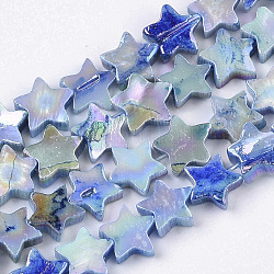 Abalorios de concha de agua dulce hebras, color de ab chapado, teñido, estrella, azul claro, 8~9x9x2~3mm, agujero: 0.8 mm, aproximamente 55~59 pcs / cadena, 15.89 pulgada (40.36 cm)