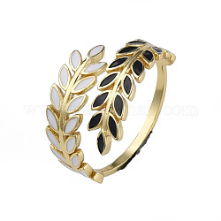 Enamel Leaf Open Cuff Rings, Real 18K Gold Plated Brass Jewelry for Women, Nickel Free, Black and White, US Size 7(17.3mm)
