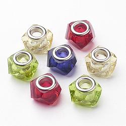 Transparent Resin European Beads, Large Hole Beads, with Platinum Brass Double Cores, Faceted, Rondelle, Mixed Color, 13x10mm, Hole: 5mm
