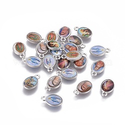 Glas Anhänger / charms, mit Messing-Zubehör, Oval mit Heiligen, Platin Farbe, 12x7.5x2 mm, Bohrung: 1.4 mm