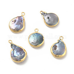 Pendenti di perle keshi naturali barocche, ciondoli a goccia, con passanti in ottone, blu, oro chiaro, 17~22x13~14x4~5mm, Foro: 1.6~1.8 mm