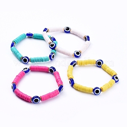 Bracelets extensibles mauvais œil, bracelets élastiques faits à la main de perles heishi en pâte polymère, avec perles de résine et perles d'espacement en alliage, couleur mixte, 2-1/2 pouce (6.3 cm)