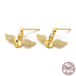 Flügel 925 Ohrhänger aus Sterlingsilber mit Mikropavé-Kubikzirkonia, für die Hälfte gebohrt Perlen, mit s925-Stempel, echtes 18k vergoldet, 12x17.5 mm, Stift: 0.9 und 11x0.9 mm