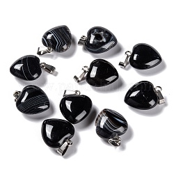 Natürliche schwarze Achat-Anhänger, mit Platin Messingschlaufen, Herz, 18~19x15~15.5x6~8 mm, Bohrung: 6x2.5~3 mm