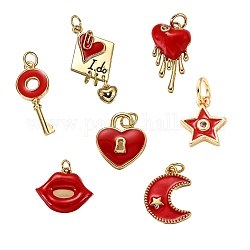 7Pcs 7 Style Brass Enamel Pendants, with Clear Cubic Zirconia, Long-Lasting Plated, Real 18K Gold Plated, Mixed Shapes, Red, 1pc/style
