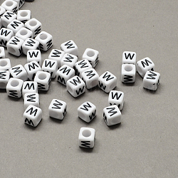 Large Hole Acrylic Letter European Beads, Horizontal Hole, White & Black, Cube with Letter, Letter.W, 8x8x8mm, Hole: 4mm, about 1144pcs/500g