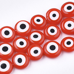 Handmade Evil Eye Lampwork Beads Strands, Flat Round, Red, 11~13x4~5mm, Hole: 1.2mm, about 31~33pcs/strand, 14.1 inch~15.3 inch