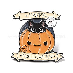 Fröhlicher Halloween-Wort-Emaille-Pin, Kürbis mit Katzenlegierungsabzeichen für Rucksackkleidung, Elektrophorese schwarz, orange, 34.5x34.5x1.5 mm, Stift: 1 mm