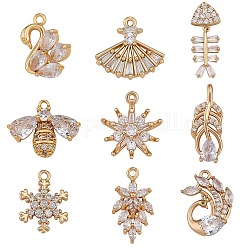 9Pcs 9 Style Brass Micro Pave Clear Cubic Zirconia Pendants, Mix-shaped, Golden, 11.5~24.5x9~19x2.5~5.5mm, Hole: 1~2.5x1~5mm, 1pc/style