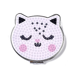 Mini kit di specchietti per il trucco con pittura a diamante speciale a forma di gatto fai da te, specchietti di cortesia pieghevoli su due lati, con strass, penna, vassoio di plastica e fango di perforazione, blush alla lavanda, 74x89x12.5mm