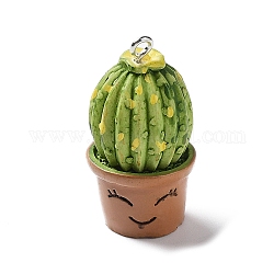 Colgantes de resina de planta verde en maceta de cactus, dijes de cactus con trabillas de metal platinado, verde césped, 33x17.5mm, agujero: 2 mm