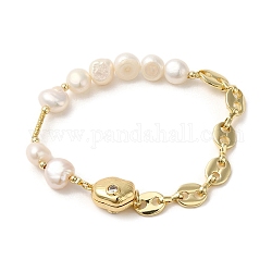Natural Pearl & Rhinestone Beaded Bracelets, with Brass Coffee Bean Chains and Magnetic Clasps, Real 14K Gold Plated, 7-1/4 inch(18.5cm)