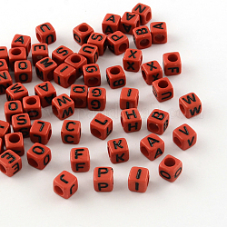 Letter Style Opaque Acrylic Beads, Horizontal Hole, Cube, Red, 6x6x6mm, Hole: 3.5mm, about 2700pcs/500g