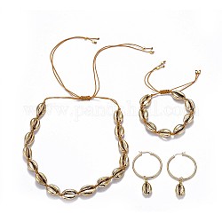 Ensembles de bijoux en coquille cauris, colliers, boucles d'oreilles et bracelets, avec laiton et acier inoxydable, or, 12.5 pouce ~ 28.3 pouces (32~72 cm), 58~60mm, pin: 1 mm, 2 pouce ~ 3-1/8 pouces (5~8 cm)