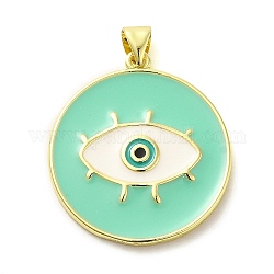 Real 18K Gold Plated Brass Pendants, with Enamel, Flat Round with Eye Charm, Aquamarine, 27.5x25x2.5mm, Hole: 5x3.5mm
