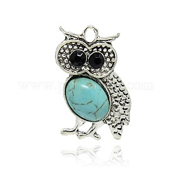 Antique Silver Tone Alloy Synthetic Turquoise Bird Pendants, with Rhinestones, Owl for Halloween, Sky Blue, 36x24x7mm, Hole: 3mm