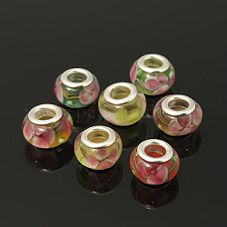 Handmade Lampwork European Beads, with Silver Plated Brass Double Cores, Rondelle, Mixed Color, 13x8mm, Hole: 5mm