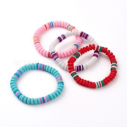 Handgefertigte Stretch-Armbänder aus Polymerton für Kinder, flache runde & heishi perlen, Mischfarbe, Innendurchmesser: 1-7/8 Zoll (4.8 cm)