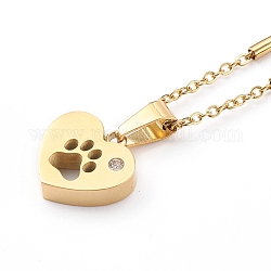304 colliers pendentif coeur en acier inoxydable avec empreinte de patte de chien, avec strass et chaînes de câbles, or, 17.32 pouce (44 cm)