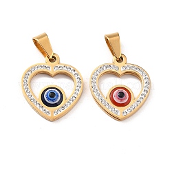 304 Stainless Steel Pendants, with Polymer Clay Rhinestone and Evil Eye Resin Round Beads, 201 Stainless Steel Bails, Heart, Mixed Color, 20x17x3.7mm, Hole: 3.5x6.7mm