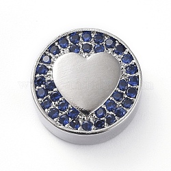 Perles de zircone cubique micro pave en Laiton, plat et circulaire avec coeur, bleu, platine, 12x5mm, Trou: 2mm
