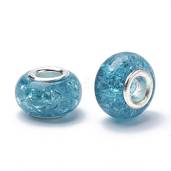 Perline europee in resina crackle, perline con foro grande, con anime in ottone placcato color argento, rondelle, cielo blu, 13.5~14x8.5~9mm, Foro: 5 mm