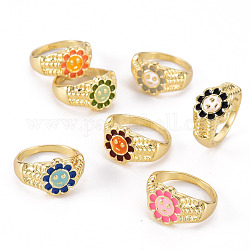 Alloy Enamel Wide Band Rings, Cadmium Free & Lead Free, Light Gold, Flower, Mixed Color, US Size 6 3/4(17.1mm)