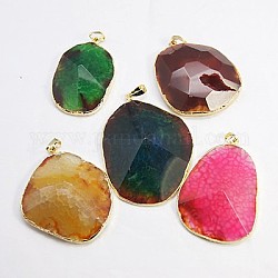 Natural Agate Slices Pendants, Dyed, with Brass Findings, Faceted, Golden, Mixed Color, 52~66x25~47x11~13mm, Hole: 9x6mm