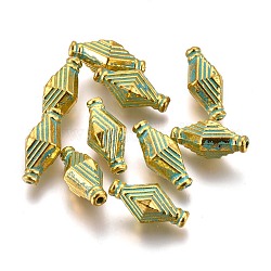 Legierung Tibetische Perlen, Rhombus, Bleifrei und cadmium frei, goldene & grüne Patina, 13.5x7x6.5 mm, Bohrung: 1 mm