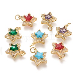 Brass Glass Pendants, with Micro Pave Clear Cubic Zirconia and Jump Ring, Star, Real 18K Gold Plated, Mixed Color, 15.5x14x6.5mm, Hole: 3.2mm
