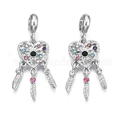 Rack Plating Alloy European Dangle Charms, with Colorful Rhinestone, Large Hole Pendants, Cadmium Free & Nickel Free & Lead Free, Woven Net/Web with Feather, Platinum, 36.5mm, Hole: 5mm, Feather: 12.5x2.5x3.5mm