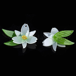 Pendentifs en plastique, avec perles en acier inoxydable plaqué or, fleur, verte, 22x28~29x7~8mm, Trou: 1.2mm