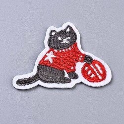 Apliques de gato, Tela de bordado computarizada para planchar / coser parches, accesorios de vestuario, rojo, 40.5x55x1.5mm