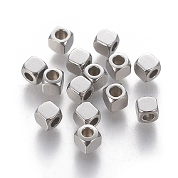 304 Edelstahl-Abstandhalter-Perlen, Würfel, Edelstahl Farbe, 4x4x4 mm, Bohrung: 2 mm