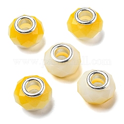Glasperlen europäischen, Großloch perlen, mit silberfarbenen Messingdoppeladern, facettierte Rondelle, Gelb, 14x9 mm, Bohrung: 5 mm