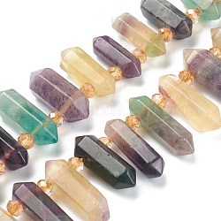 Natural Fluorite Beads Strands, Faceted, with Seed Beads, Bullet, 18.5~32.5x7~10.5x7~10mm, Hole: 2mm, about 25pcs/strand, 14.76''(37.5cm)