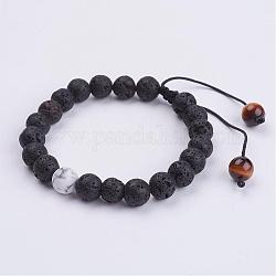 Lava Rock Braided Bead Bracelets, with Howlite, Tiger Eye Beads and Nylon Thread, 1-7/8 inch(49mm)